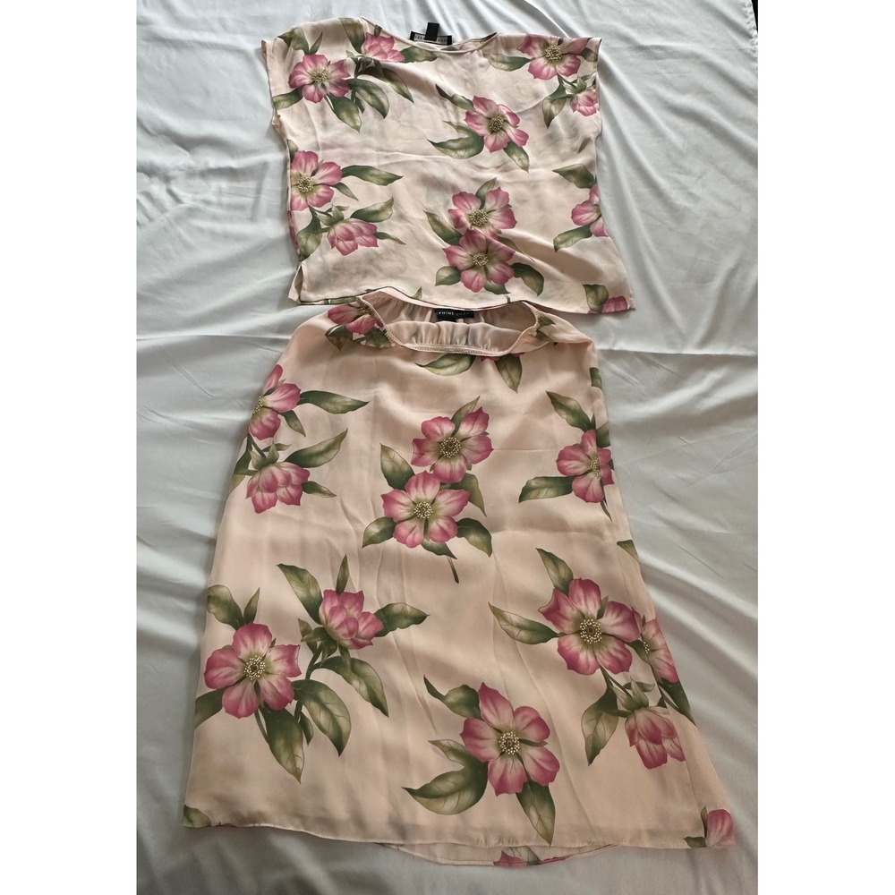 Josephine Chaus‎ Pink Floral Silk Top Skirt Set Size 12/6 Midi